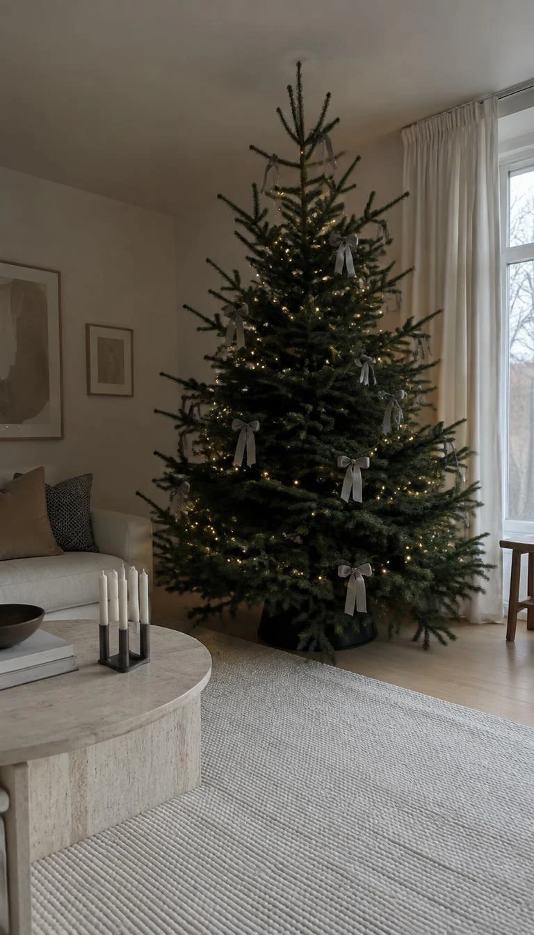 A candid, realistic iPhone photograph of a living room with a Christmas tree, simple washed gray cotton tape ribbon tied in small loose knots along branch stems, Nordic minimalist interior with soft daylight