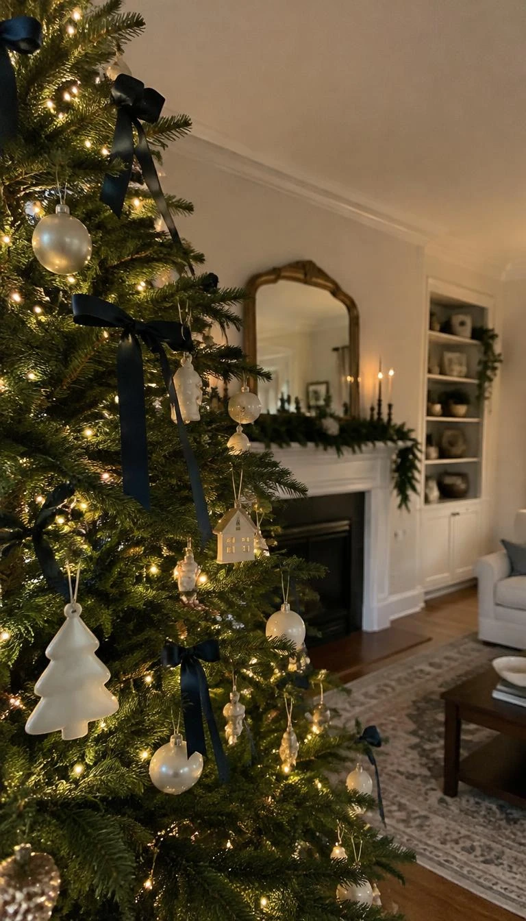 A candid, realistic iPhone photograph of a living room with a Christmas tree, ribbed navy grosgrain ribbon tied above handmade white ceramic ornaments on fir boughs, warm cozy atmosphere