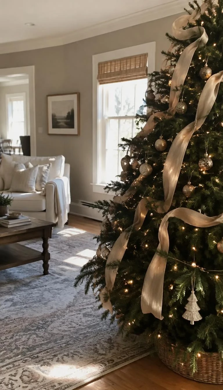 A candid, realistic iPhone photograph of a living room with a Christmas tree, showing delicate raw silk ribbons in soft taupe drifting over pine needles, morning daylight through window, simple room setting