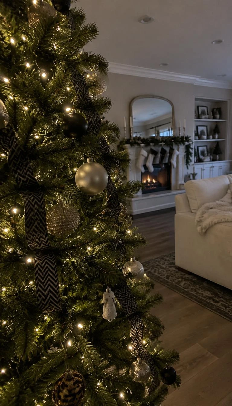 A candid, realistic iPhone photograph of a living room with a Christmas tree, showing charcoal herringbone patterned ribbon pinned close to the central tree trunk among dark interior needles, cozy home atmosphere