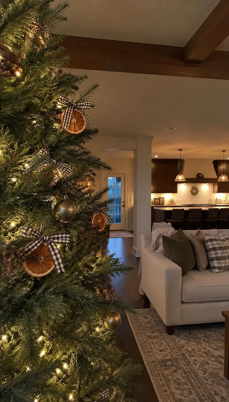 A candid, realistic iPhone photograph of a living room with a Christmas tree, black and cream small gingham ribbon tied around dried orange slices on pine branches, warm rustic home kitchen background