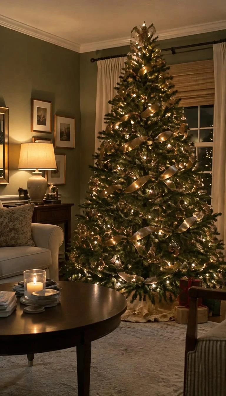 A candid, realistic iPhone photograph of a living room with a Christmas tree, dull antique gold lamé ribbon loosely looped over dense dark green pine needles, warm evening lamplight