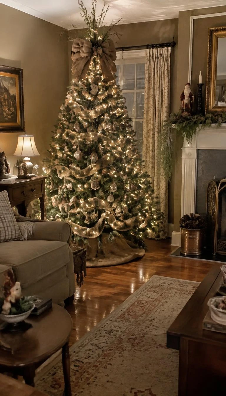 A candid, realistic iPhone photograph of a living room with a Christmas tree, structured loops of wire edged natural burlap shaped into the center of pine branches, vintage decor, warm room ambiance