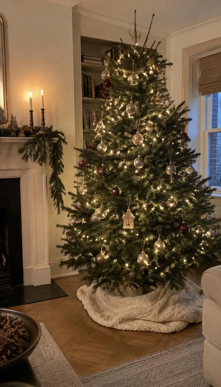 A candid, realistic iPhone photograph of a living room with a Christmas tree, showing an ivory chunky cable knit wool blanket loosely swirled around the base of the tree on parquet flooring, warm soft room glow.