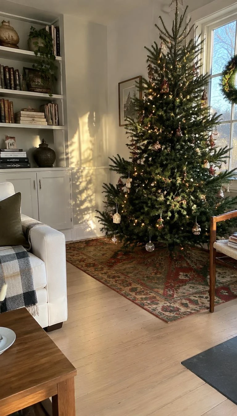 A candid, realistic iPhone photograph of a living room with a Christmas tree, showing a flat woven vintage kilim in soft terracotta and faded olive tones tucked under the tree stand on light hardwood floors, afternoon sun.