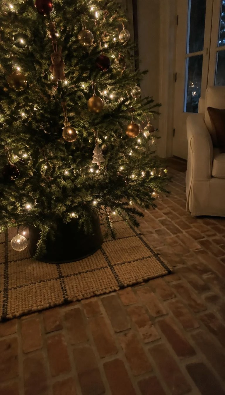 A candid, realistic iPhone photograph of a living room with a Christmas tree, showing a square woven jute mat with a subtle black grid pattern under the evergreen base on a brick floor, soft holiday lighting.