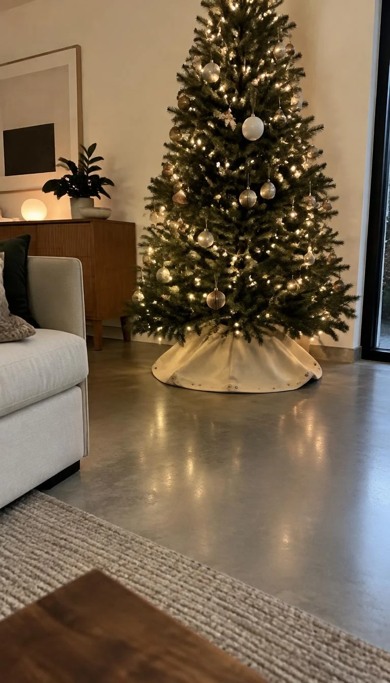 A candid, realistic iPhone photograph of a living room with a Christmas tree, showing an unbleached duck canvas skirt secured with small brass grommets and natural cotton cord, resting cleanly on polished concrete flooring under warm light.