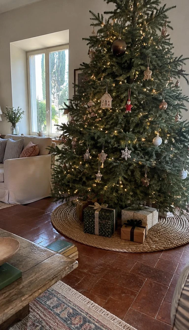 A candid, realistic iPhone photograph of a living room with a Christmas tree, showing a thick braided rush grass round mat beneath the evergreen stand on antique terracotta tile floors, morning light.