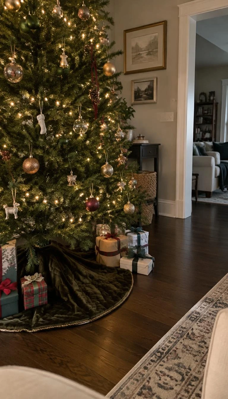 A candid, realistic iPhone photograph of a living room with a Christmas tree, highlighting a dark olive green quilted velvet tree skirt with a subtle sheen, sitting on a dark walnut floor near stacked wrapped gifts.