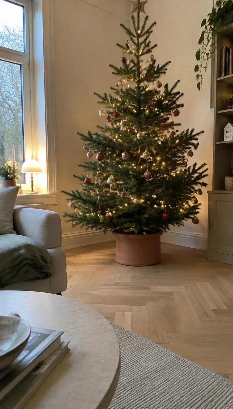 A candid, realistic iPhone photograph of a living room with a Christmas tree, showing an unglazed terracotta ceramic tree collar around the evergreen trunk, resting on light oak herringbone floors with soft shadows.