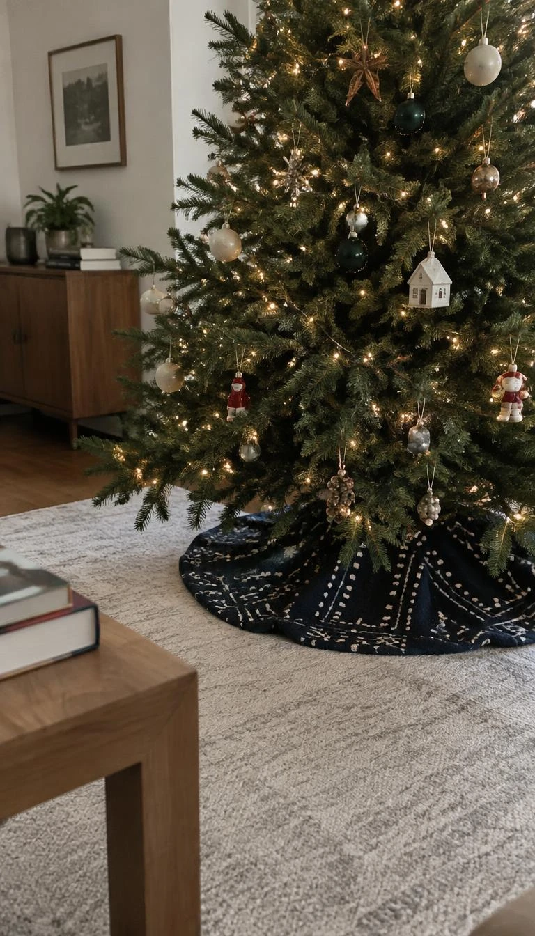 A candid, realistic iPhone photograph of a living room with a Christmas tree, showing a deep indigo mudcloth textile with white geometric dots folded beneath the tree stand on a light gray rug.