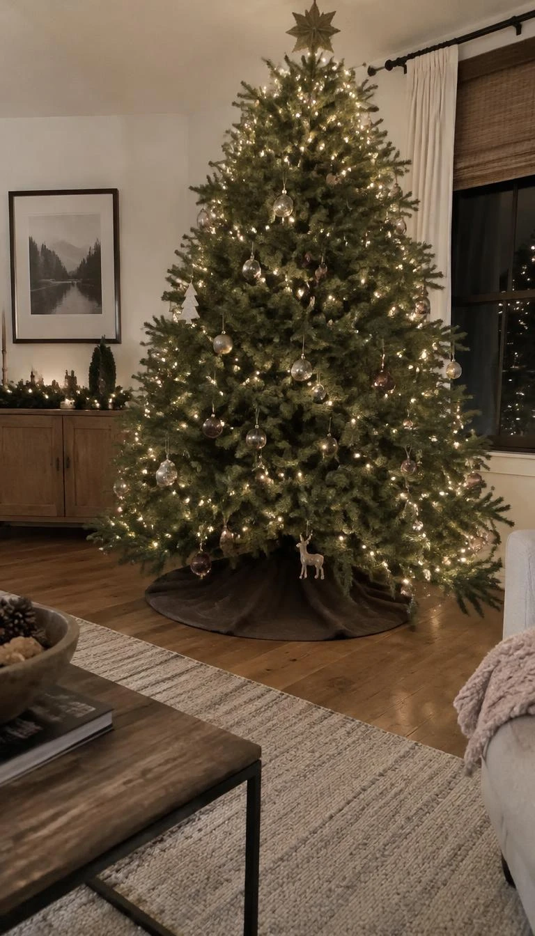 A candid, realistic iPhone photograph of a living room with a Christmas tree, showing a dark brown waxed canvas skirt with visible wear and creasing under the tree stand on a wide plank floor.