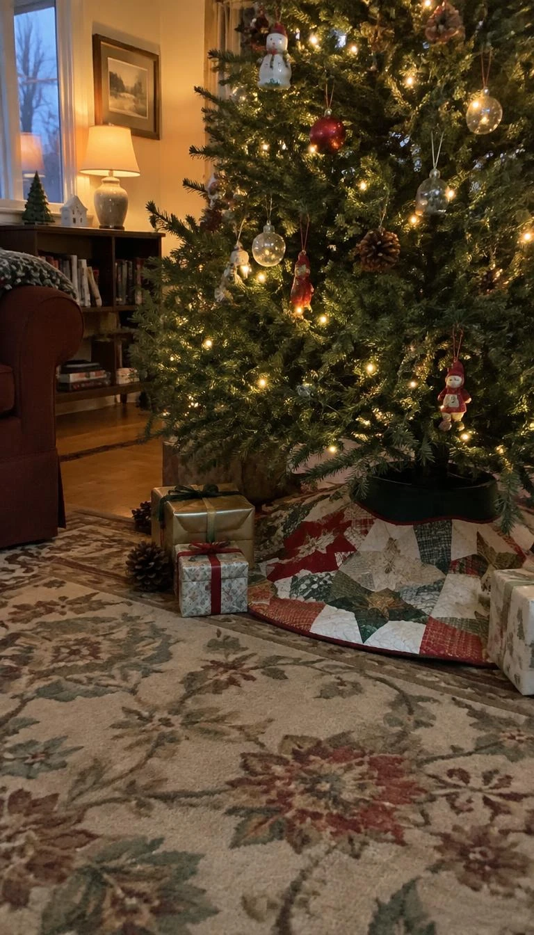 A candid, realistic iPhone photograph of a living room with a Christmas tree, showing a faded vintage cotton patchwork quilt neatly folded under the evergreen base, warm ambient light, pine cones, and simple gifts on a patterned rug.