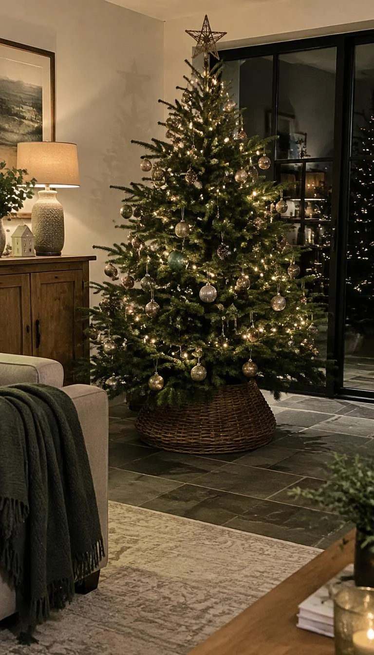 A candid, realistic iPhone photograph of a living room with a Christmas tree, featuring a round woven split willow collar hiding the tree stand on a gray slate floor, soft interior lamps, and evergreen foliage.