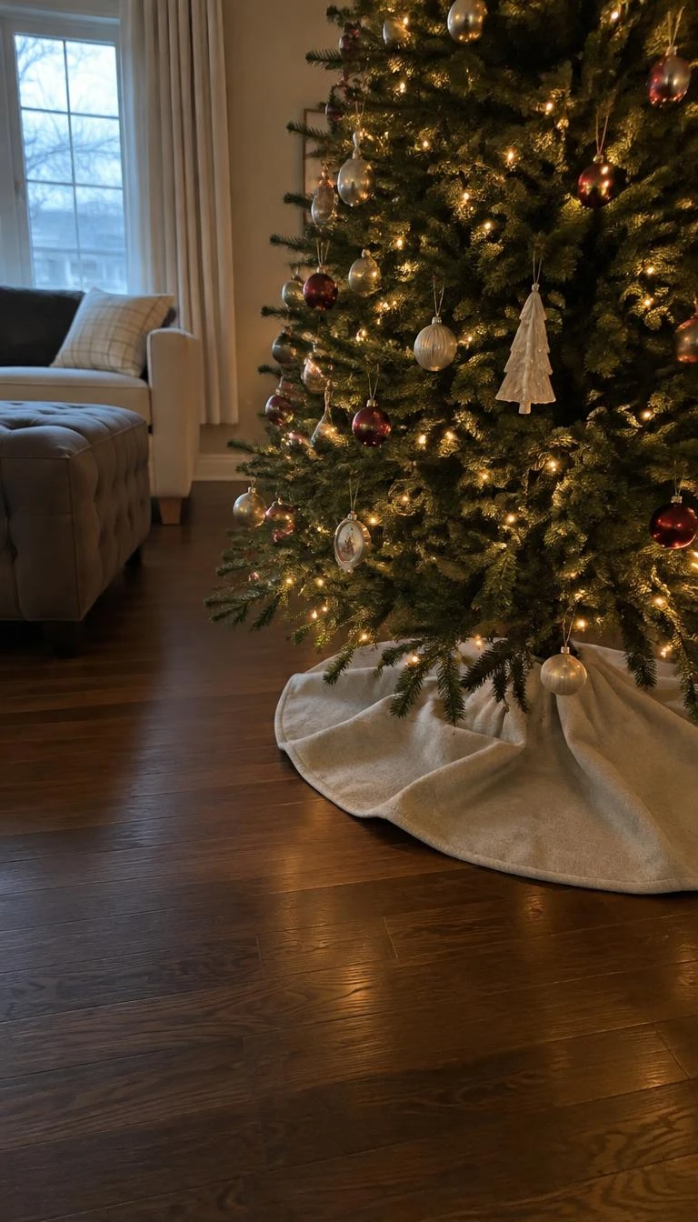 A candid, realistic iPhone photograph of a living room with a Christmas tree, showing a warm stone gray raw silk dupioni skirt with subtle slubs pooled neatly under soft branch lights on a walnut floor.