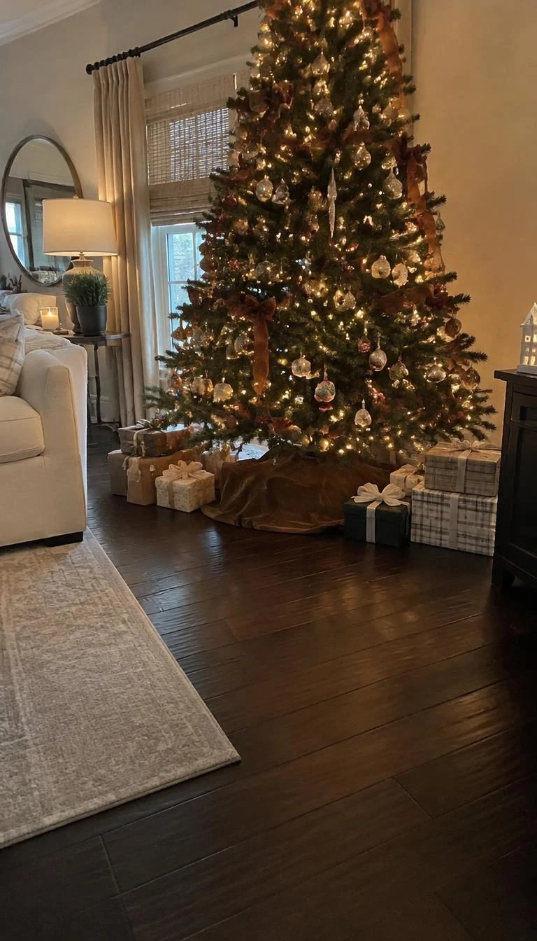 A candid, realistic iPhone photograph of a living room with a Christmas tree, highlighting a washed cotton velvet skirt in rich camel brown resting on dark hardwood floors, surrounded by gifts.