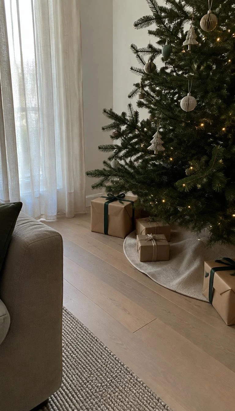 A candid, realistic iPhone photograph of a living room with a Christmas tree, showing an oatmeal boiled wool tree skirt spread over pale oak floorboards, natural morning light through sheer linen curtains, brown craft paper presents, and dark green evergreen needles.