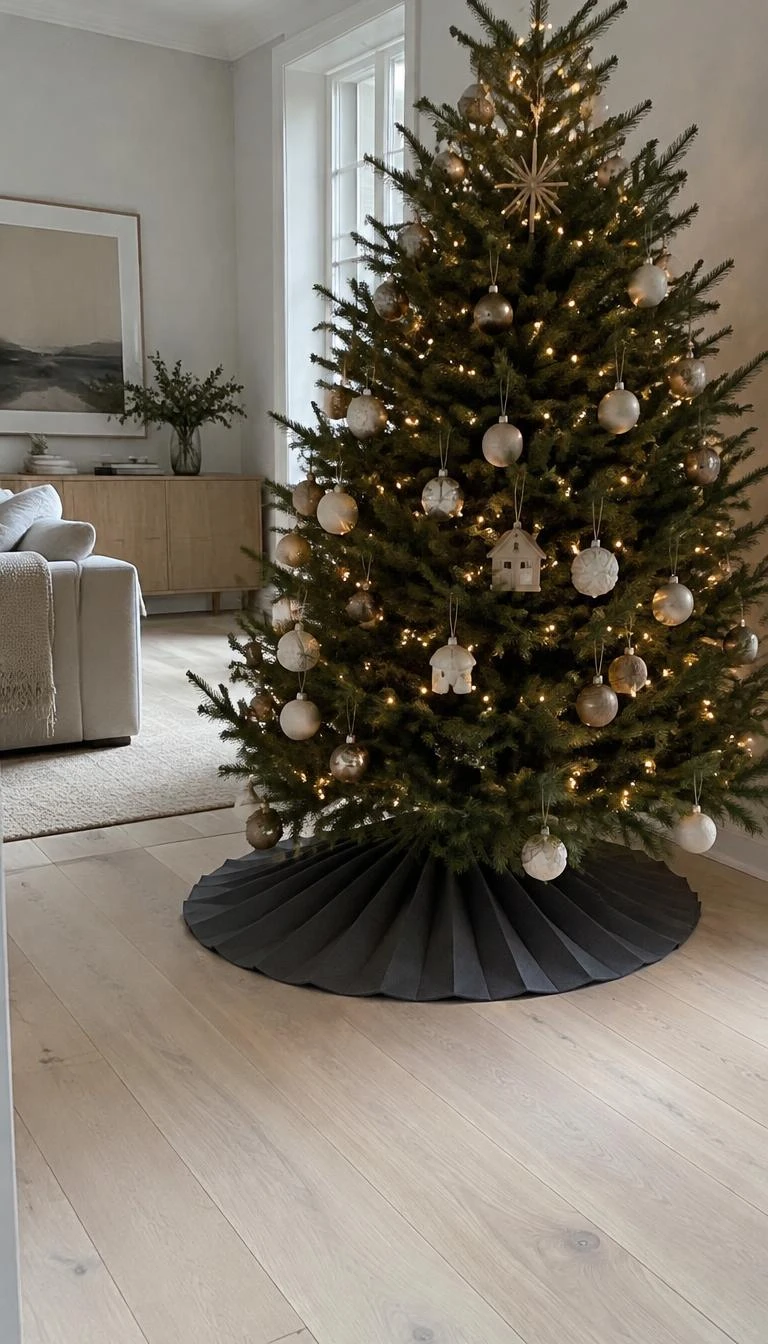 A candid, realistic iPhone photograph of a living room with a Christmas tree, showing charcoal gray wool felt with sharp knife pleats radiating from the tree base over bleached wood floors.