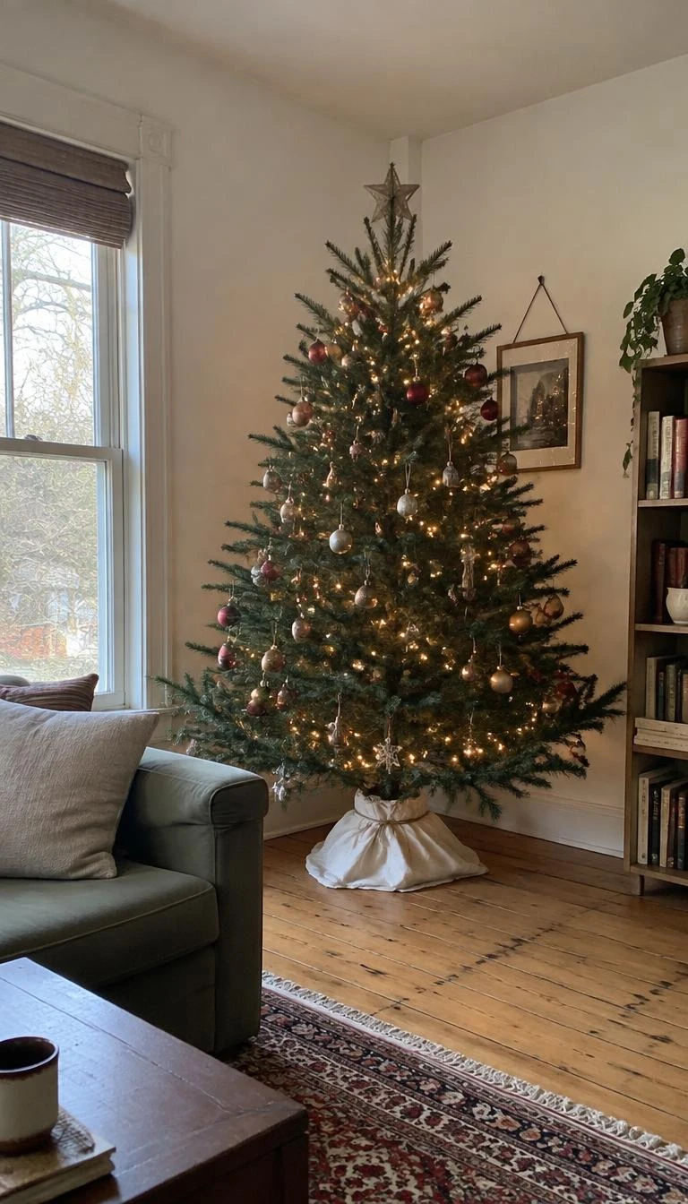 A candid, realistic iPhone photograph of a living room with a Christmas tree, showing a washed cotton painter drop cloth tied around the tree trunk base with natural jute twine on worn pine floorboards.