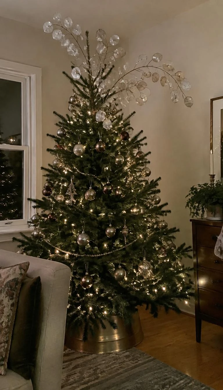 A candid, realistic iPhone photograph of a living room with a Christmas tree, showing translucent silvery lunaria seed pods rising in an asymmetric arch from the uppermost pine bough.