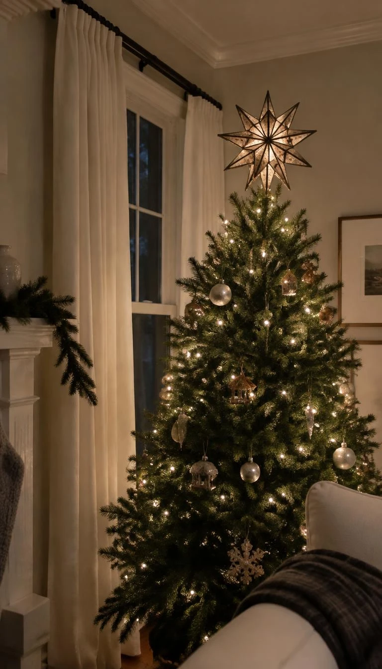A candid, realistic iPhone photograph of a living room with a Christmas tree, featuring a multifaceted weathered tin Moravian star resting securely at the tree peak beside soft drapery.