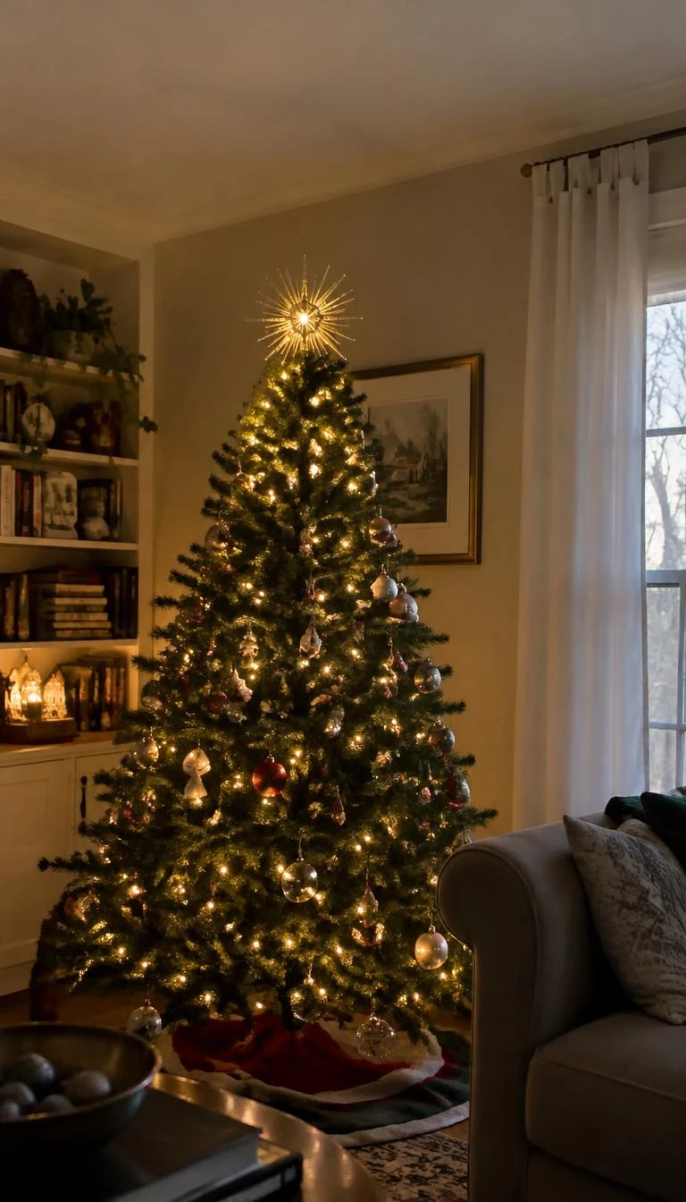 A candid, realistic iPhone photograph of a living room with a Christmas tree, featuring a fine spun glass sunburst catching golden string lights at the top of the tree.