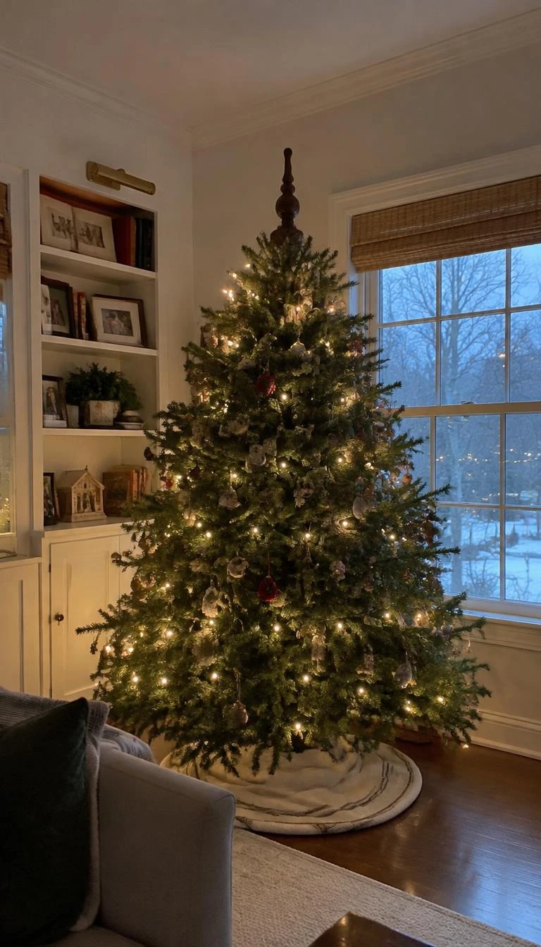 A candid, realistic iPhone photograph of a living room with a Christmas tree, revealing a dark turned walnut wood finial mounted upright atop a fresh Fraser fir tree.