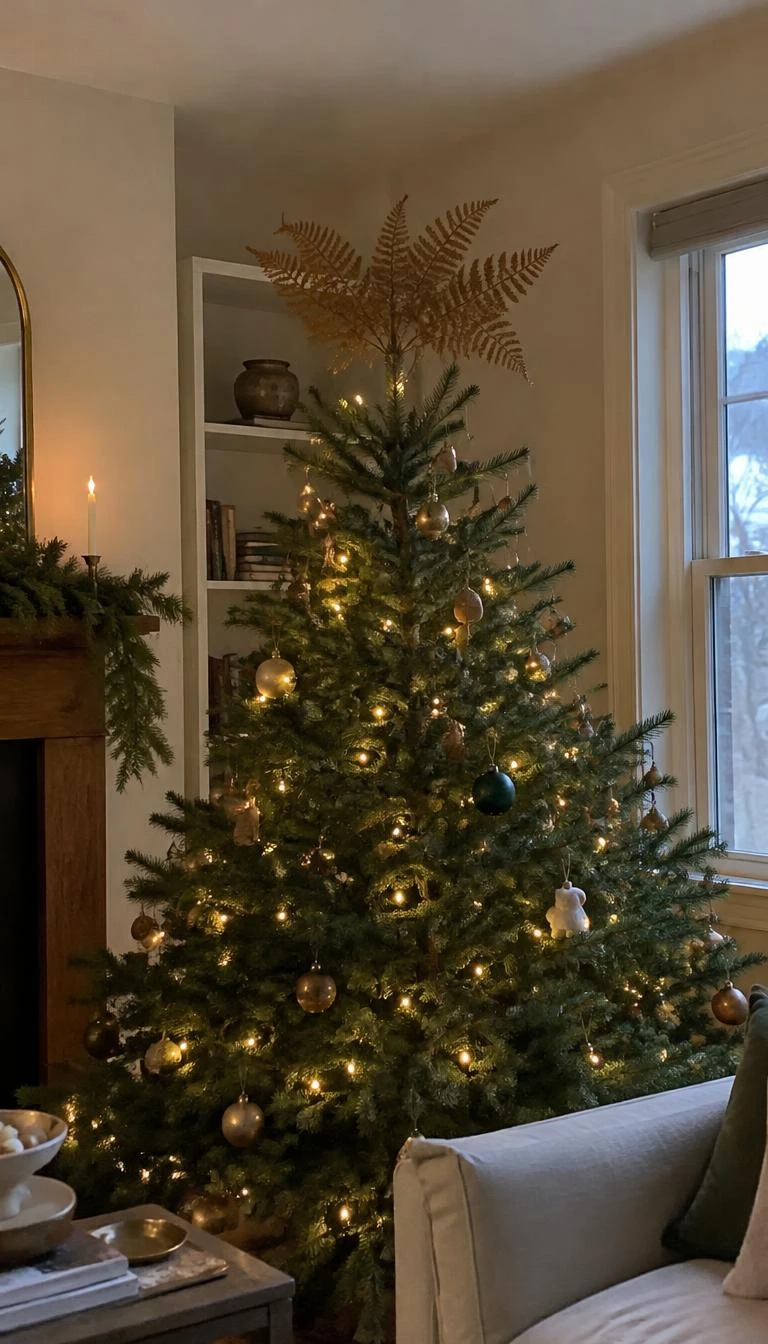 A candid, realistic iPhone photograph of a living room with a Christmas tree, showcasing honey toned preserved bracken fern fronds gathered into an airy crest at the topmost pine branch.