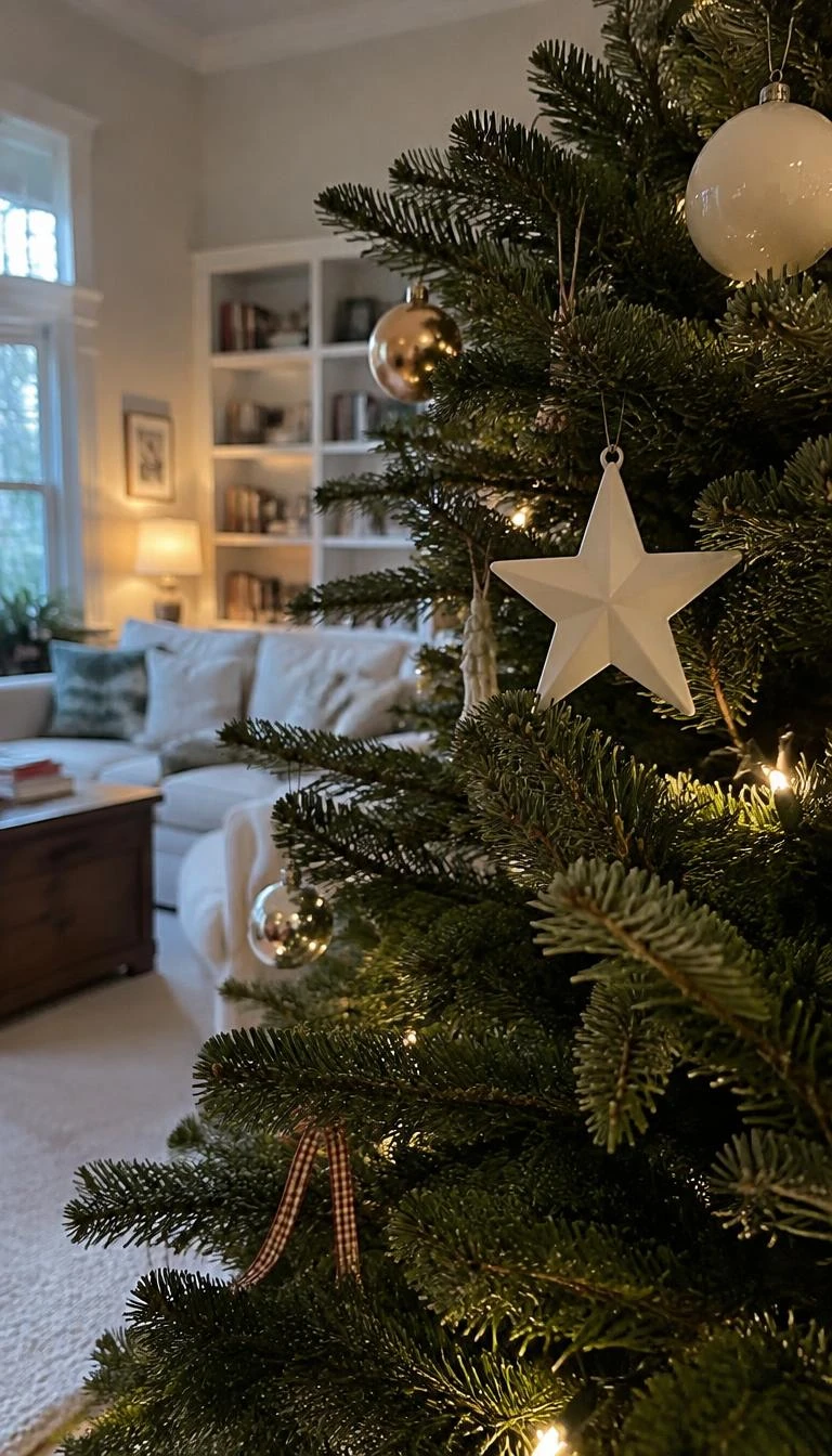 A candid, realistic iPhone photograph of a living room with a Christmas tree, highlighting an off white unglazed ceramic star nestled firmly among dark green fir needles in soft afternoon light.