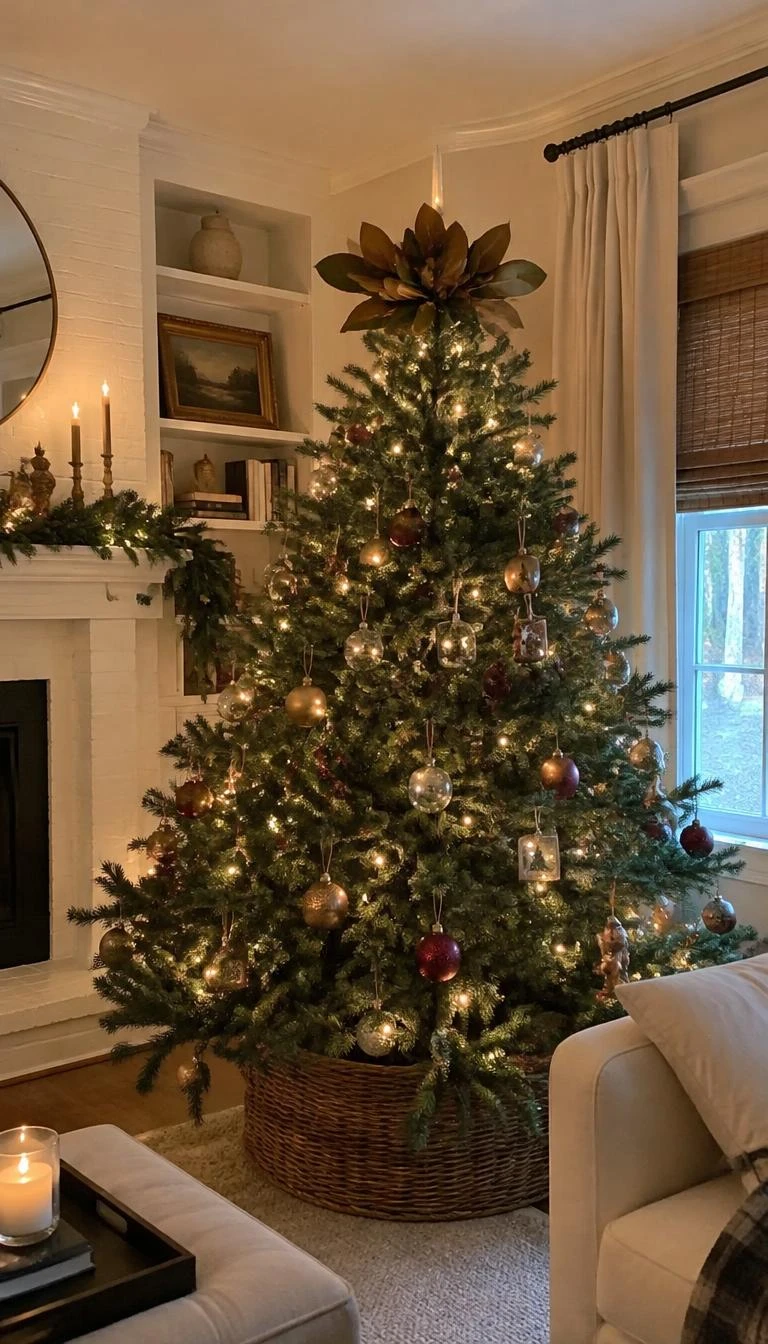 A candid, realistic iPhone photograph of a living room with a Christmas tree, showing a small wreath of dried magnolia leaves with velvety copper undersides capping the top branches.