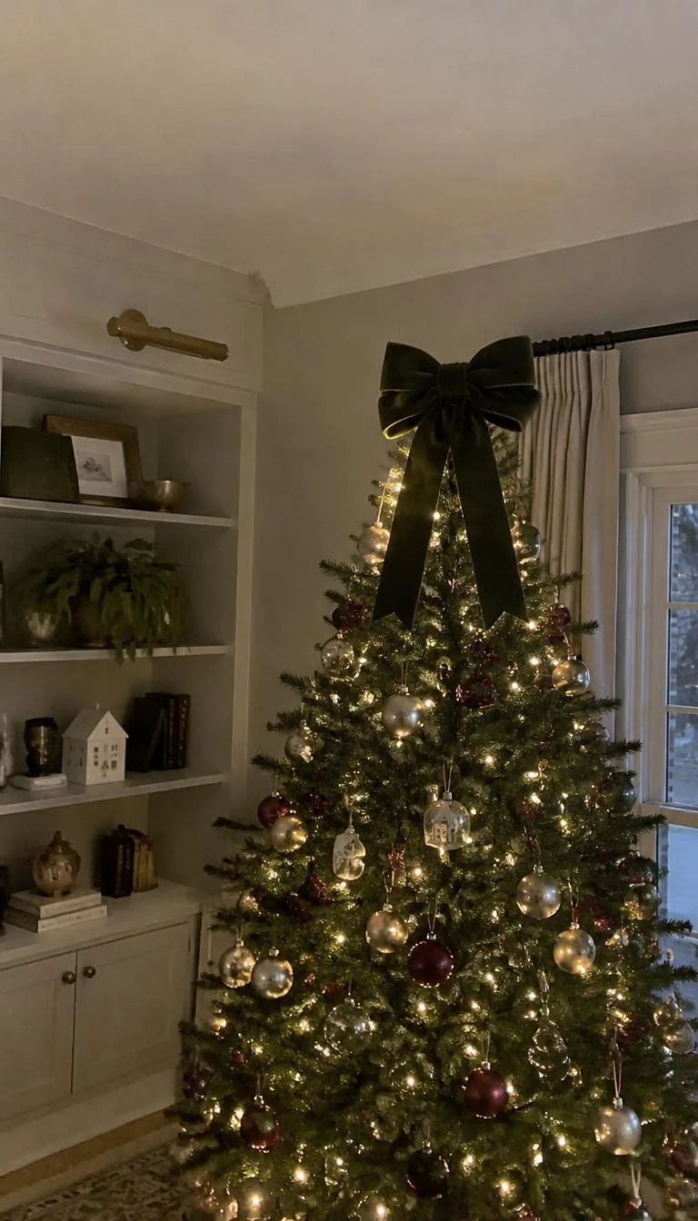 A candid, realistic iPhone photograph of a living room with a Christmas tree, depicting a deep olive green velvet bow with neat structured loops resting at the tree summit.