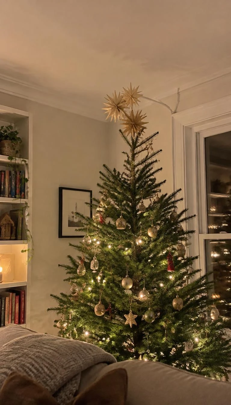 A candid, realistic iPhone photograph of a living room with a Christmas tree, showing flat gilded German pressed paper stars grouped softly together at the apex of the tree.