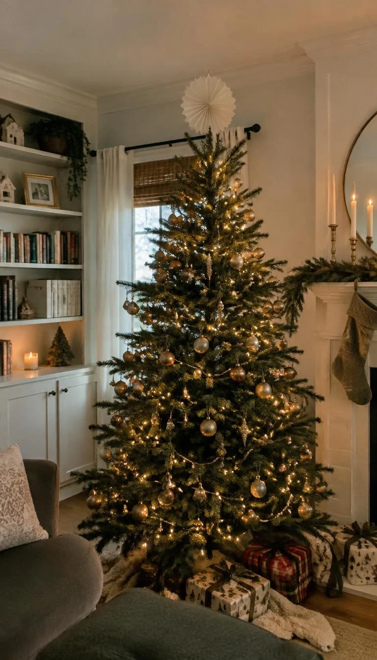 A candid, realistic iPhone photograph of a living room with a Christmas tree, featuring an accordion pleated cream paper rosette sitting gently atop the highest branch.