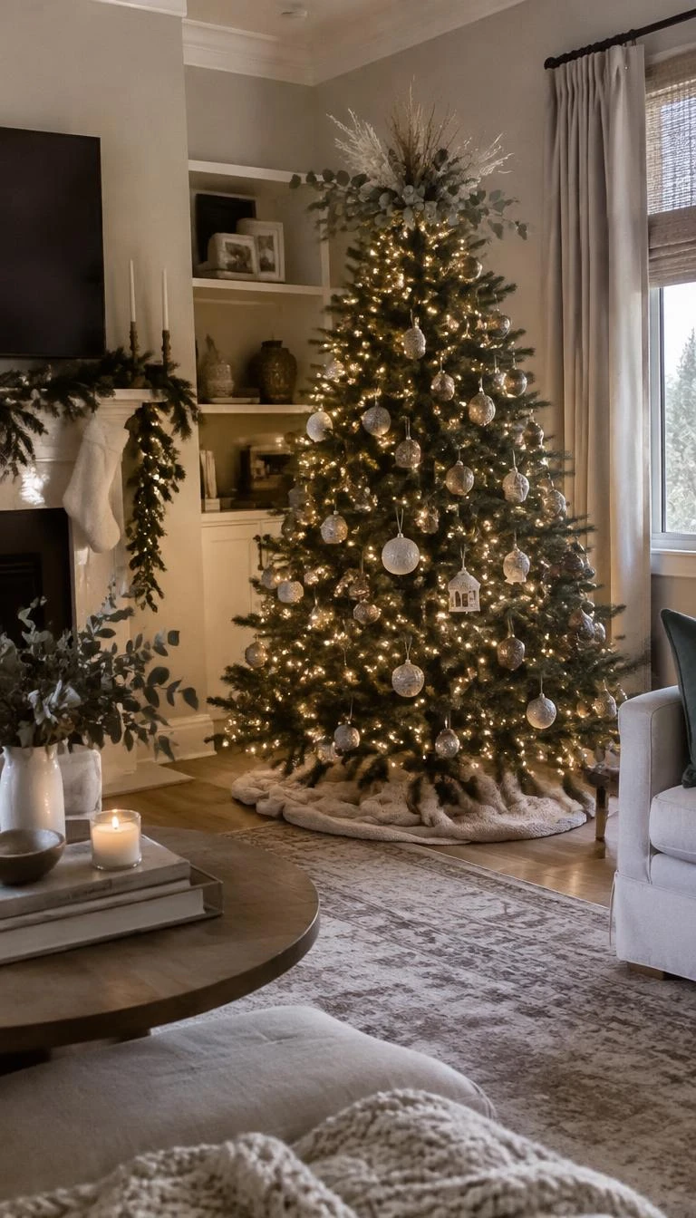 A candid, realistic iPhone photograph of a living room with a Christmas tree, revealing silver dollar eucalyptus and white dried grass stems spraying gently outward from the top bough.