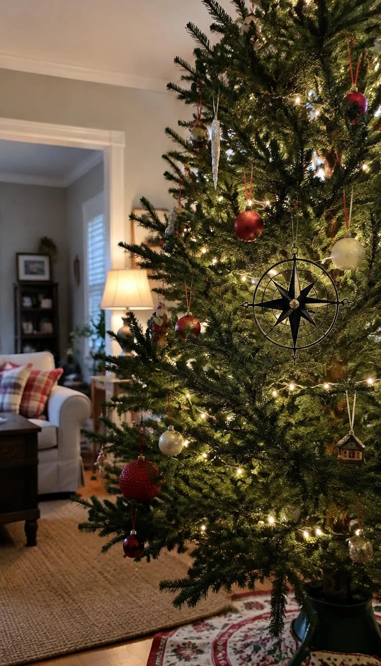 A candid, realistic iPhone photograph of a living room with a Christmas tree, displaying a small black cast iron compass star secured vertically to a sturdy pine trunk.
