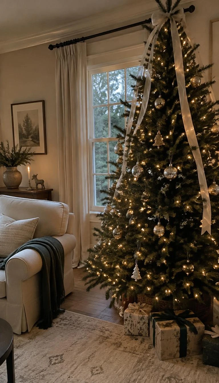 A candid, realistic iPhone photograph of a living room with a Christmas tree, showing raw champagne silk ribbons tied neatly at the green summit and falling gently through fir branches near a warm linen armchair.