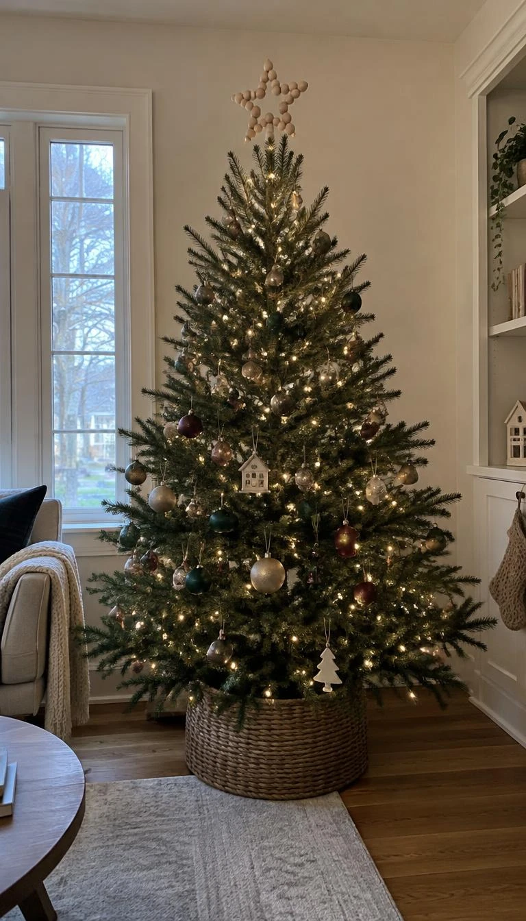 A candid, realistic iPhone photograph of a living room with a Christmas tree, showing a raw maple bead star resting securely at the peak of a natural evergreen.