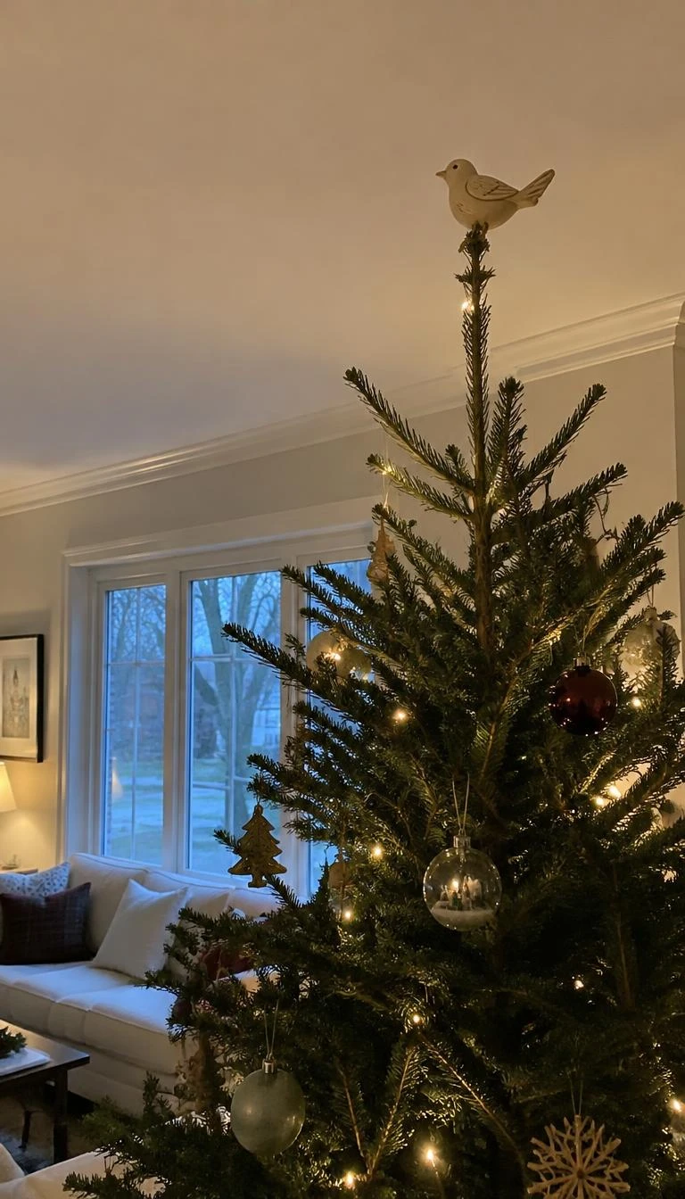 A candid, realistic iPhone photograph of a living room with a Christmas tree, highlighting a simple carved blonde wood bird perched on the uppermost leader stem among spruce needles.