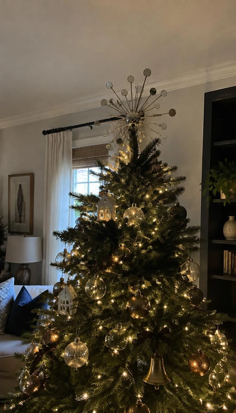 A candid, realistic iPhone photograph of a living room with a Christmas tree, showcasing a delicate brass wire starburst tipped with small antique mirror discs atop lush branches.