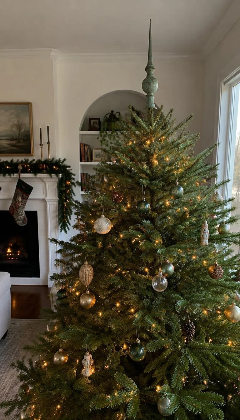 A candid, realistic iPhone photograph of a living room with a Christmas tree, showing an aged verdigris copper finial spike catching natural light at the top of a noble fir.