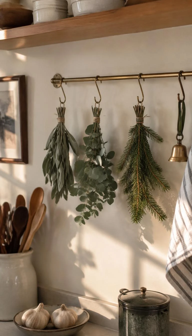 A candid, realistic iPhone photograph of a kitchen wall, a slender unlacquered brass hanging rail with S hooks holding bundles of dried sage, eucalyptus, and small fir branches, warm sunlight coming through window, natural earthy holiday atmosphere.