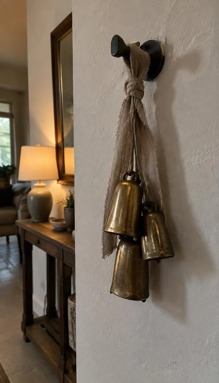A candid, realistic iPhone photograph of a living room entryway, three antique gold brass cowbells clustered together on thick frayed edge taupe silk ribbon, hanging from a matte black iron peg, soft warm lamp illumination, textured off white plaster wall.