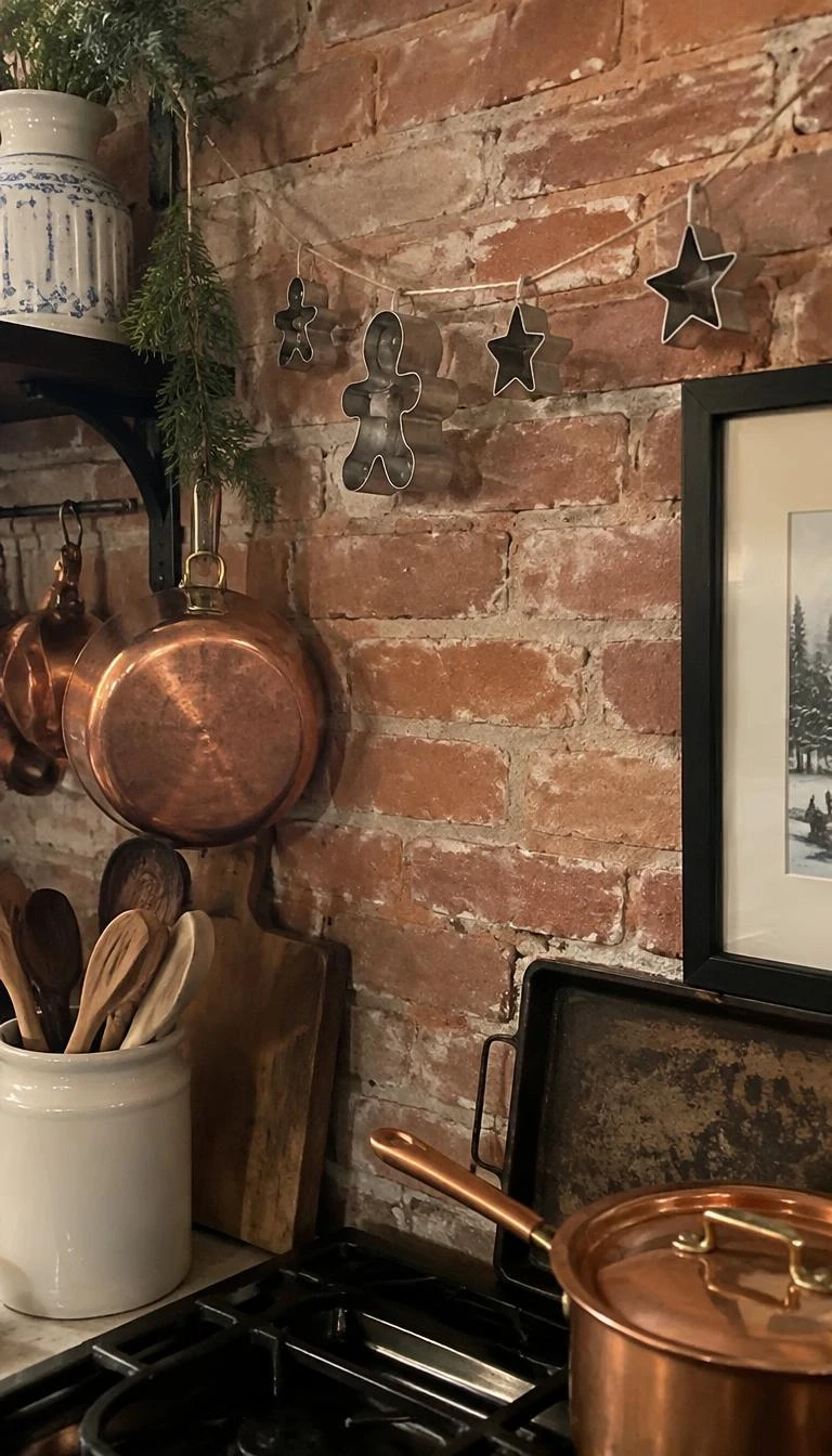 A candid, realistic iPhone photograph of a kitchen brick accent wall, vintage tin and weathered zinc gingerbread and star cookie cutters strung along rough jute twine, warm copper cookware nearby, cozy European kitchen holiday decor.