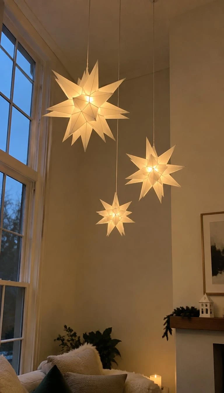 A candid, realistic iPhone photograph of a high ceiling living room corner, three white three dimensional folded Moravian paper stars hanging at different heights from white cord, warm soft glowing light bulbs inside, cozy Scandinavian holiday mood.