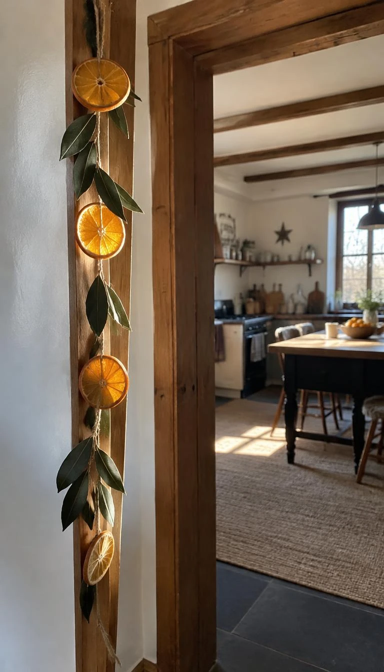 A candid, realistic iPhone photograph of a cozy kitchen doorway, dried orange slices and dark green bay leaves threaded on natural flax twine, gentle afternoon daylight highlighting translucent citrus rounds, simple rustic farmhouse architecture, warm wood doorframe.