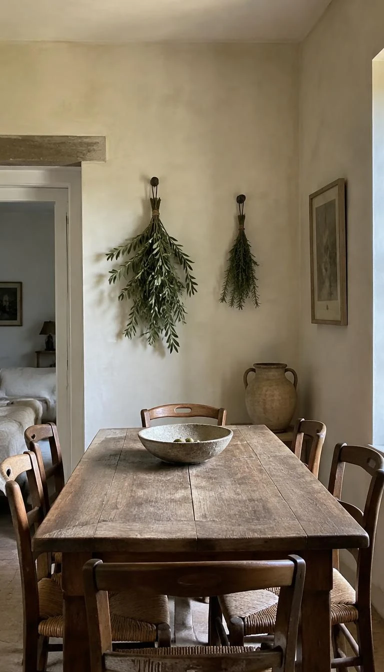 A candid, realistic iPhone photograph of a dining room with limewashed walls, small upside down bundles of fresh olive branches and rosemary tied with jute hanging from antique black iron cut nails, natural daylight, rustic Mediterranean simplicity.