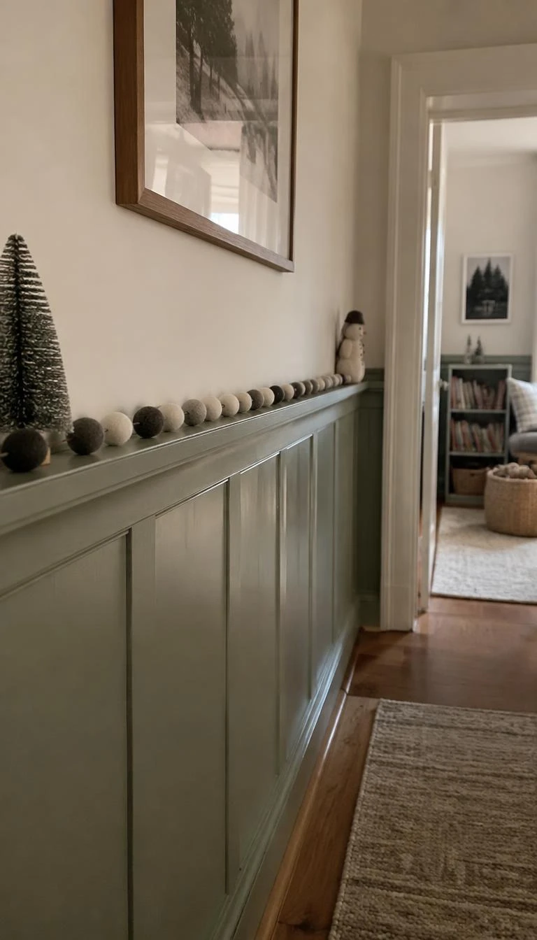 A candid, realistic iPhone photograph of a child bedroom or hallway with sage green painted wainscoting, an ivory and charcoal boiled wool felt ball garland resting along the wood molding ledge, soft afternoon light, simple tactile winter decor.