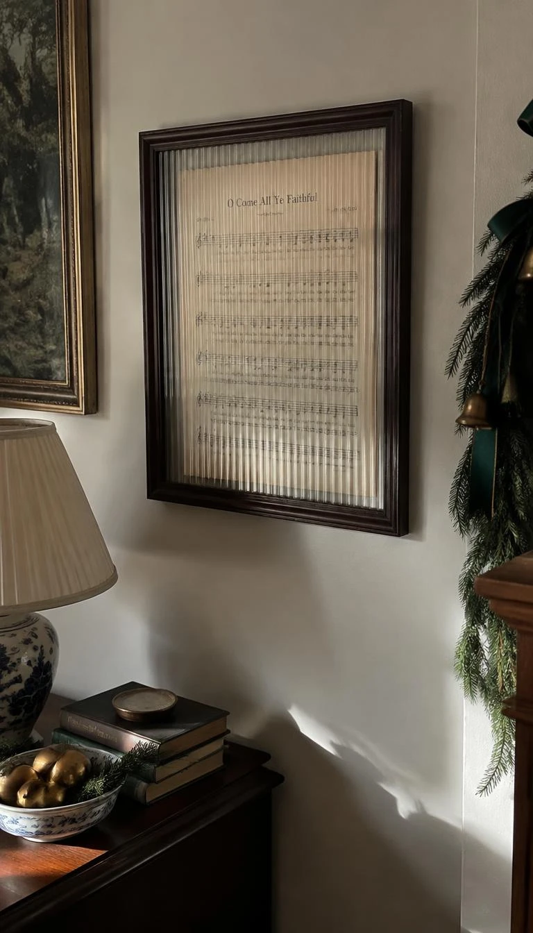 A candid, realistic iPhone photograph of a formal parlor corner, vintage Christmas carol sheet music inside a dark oak picture frame with ribbed fluted glass, soft shadows, warm natural afternoon light, subtle festive wall decoration.