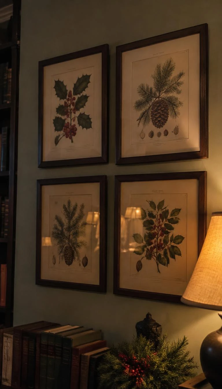 A candid, realistic iPhone photograph of an intimate study wall, four walnut framed vintage botanical illustrations of holly berries and pine cones, muted paper tones, warm amber lamplight reflection on glass, moody winter reading room atmosphere.