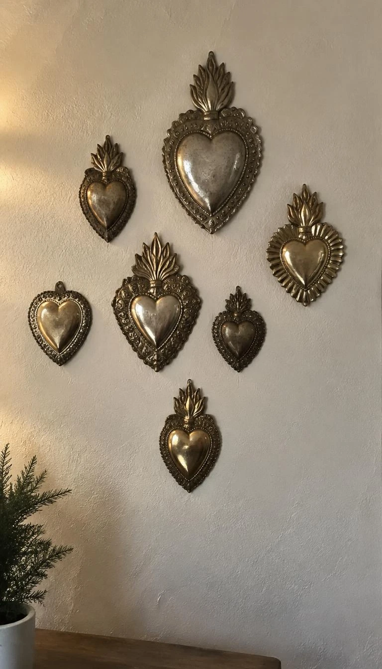 A candid, realistic iPhone photograph of a warm white plaster living room wall, a constellation of seven small silver and brass embossed tin heart milagros pinned in a loose cluster, soft side lighting catching metallic relief textures, folk art holiday aesthetic.